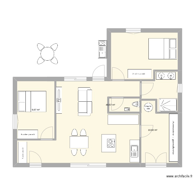 plan en L. Plan de 3 pièces et 70 m2