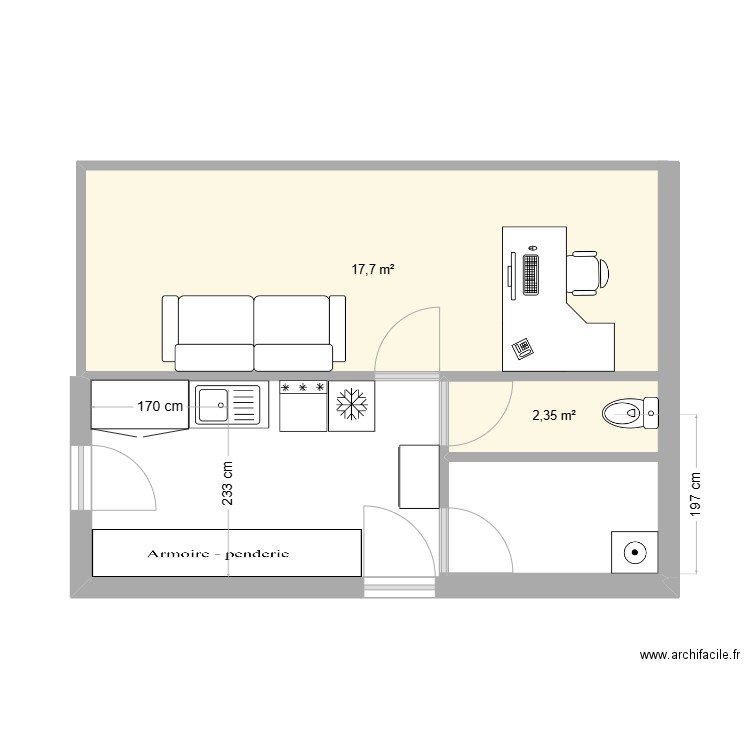 Agrandissement V2. Plan de 2 pièces et 20 m2