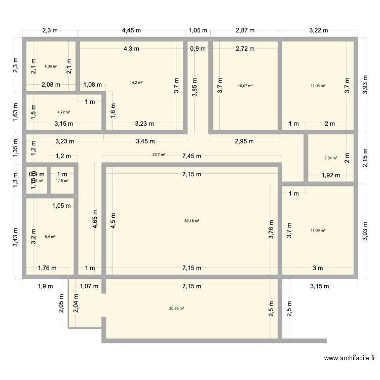 Projet DAMALA_Murs_2. Plan de 13 pièces et 144 m2