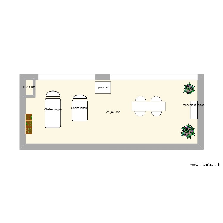 balcon. Plan de 2 pièces et 22 m2