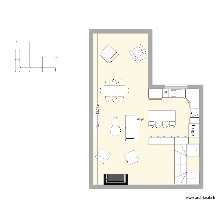 cuisine. Plan de 1 pièce et 58 m2