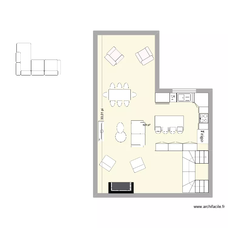 cuisine. Plan de 1 pièce et 58 m²