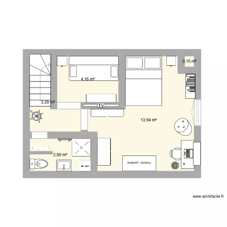 chambre et salle de bain. Plan de 