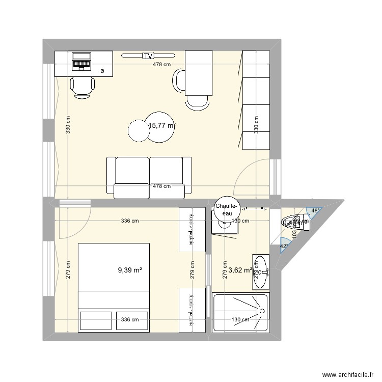 Sulpice r+3 #2 meubles. Plan de 4 pièces et 29 m2