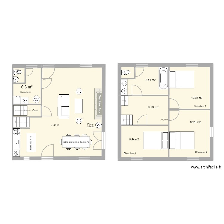 Surfaces. Plan de 5 pièces et 100 m2