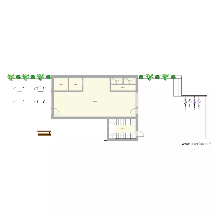 RDC. Plan de 7  et 70 m²