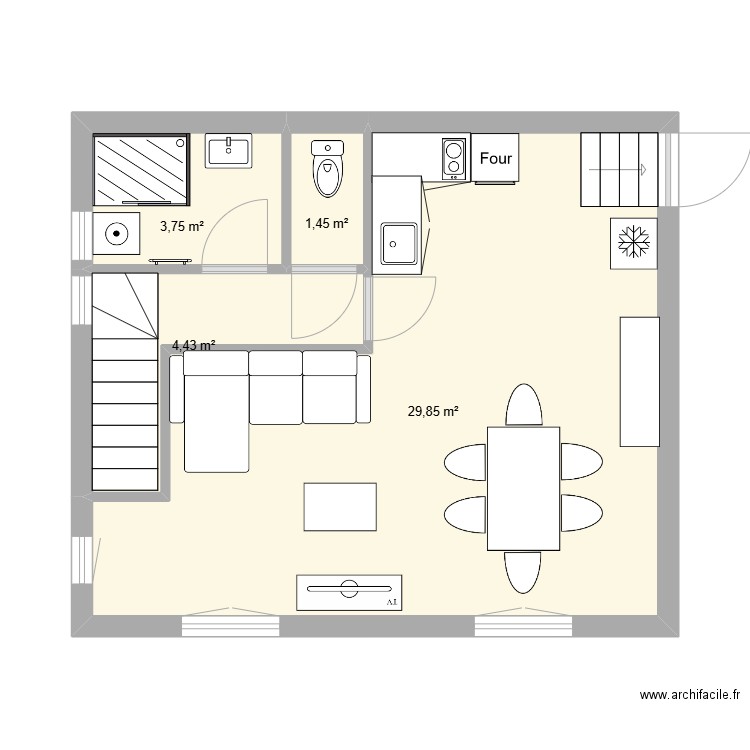 Gite 2 - Atelier R1a T2. Plan de 4 pièces et 39 m2