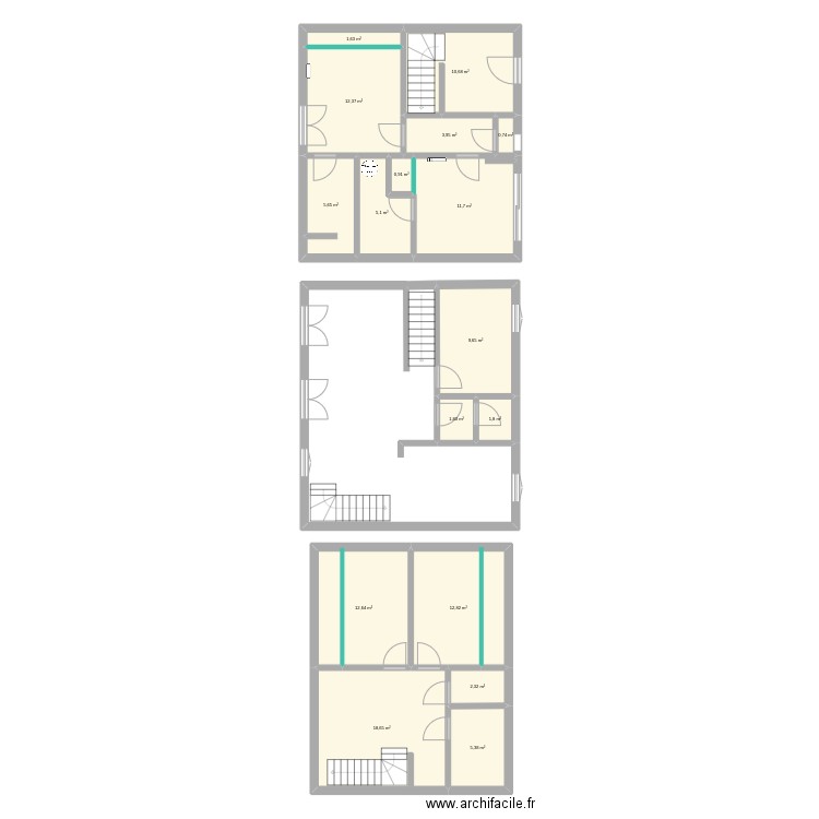 RdJ. Plan de 17 pièces et 118 m2
