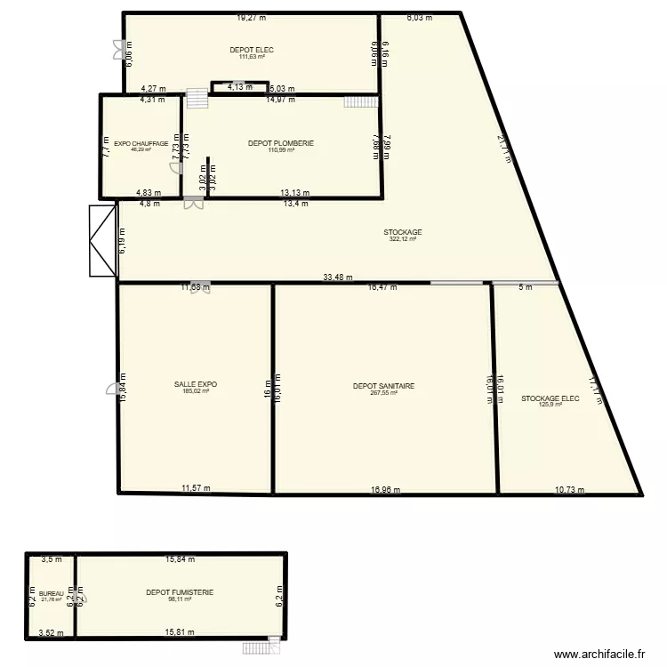 magasin. Plan de 10  et 1302 m²