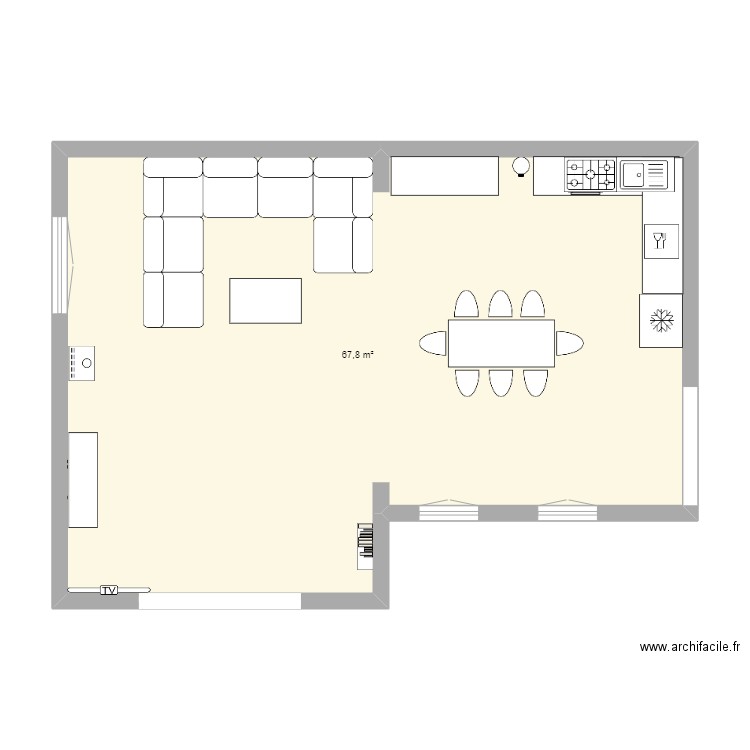 salon , salle a manger. Plan de 1 pièce et 68 m2