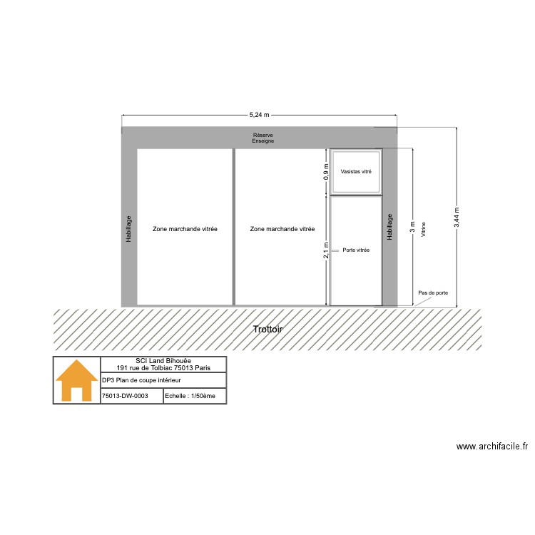 DP3-Plan de coupe. Plan de 2 pièces et 21 m2