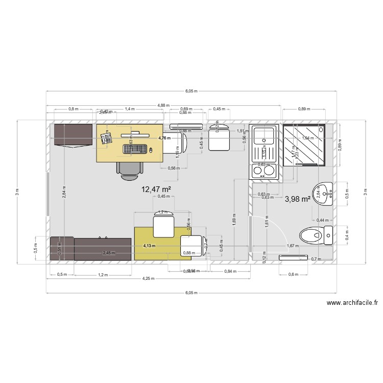Keyenbempt. Plan de 2 pièces et 16 m2
