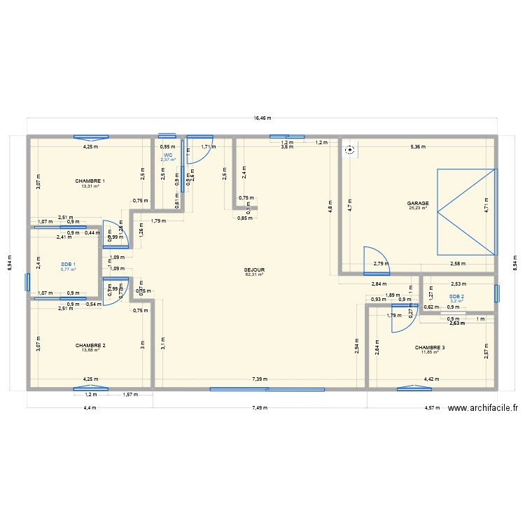 Sté placo. Plan de 8 pièces et 138 m2