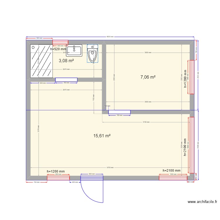 Лоза. Plan de 3 pièces et 26 m2