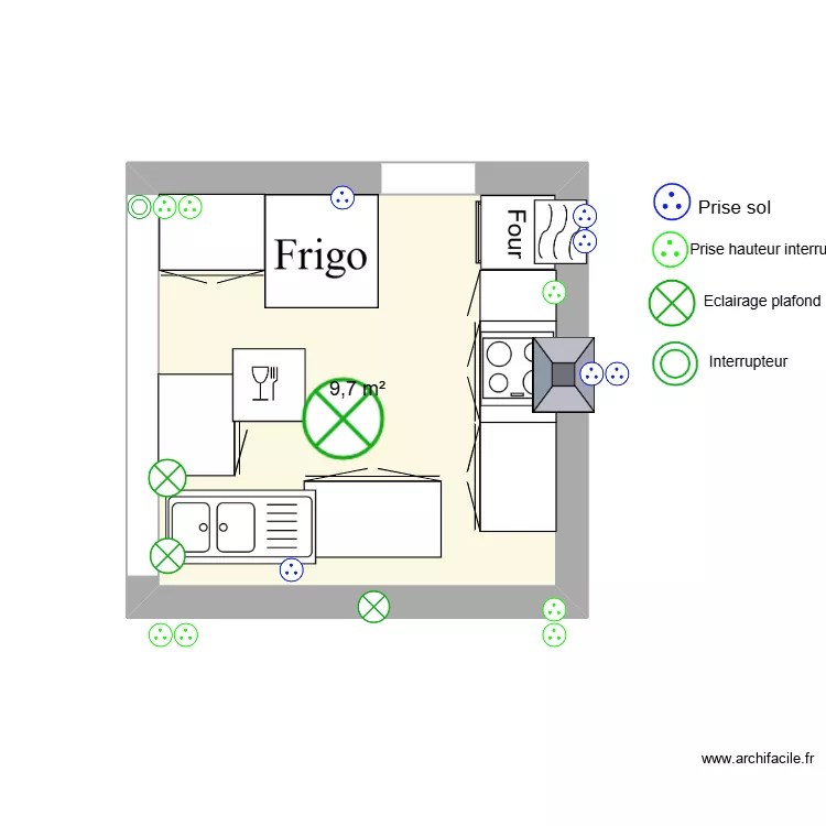 cuisine. Plan de 1  et 10 m²