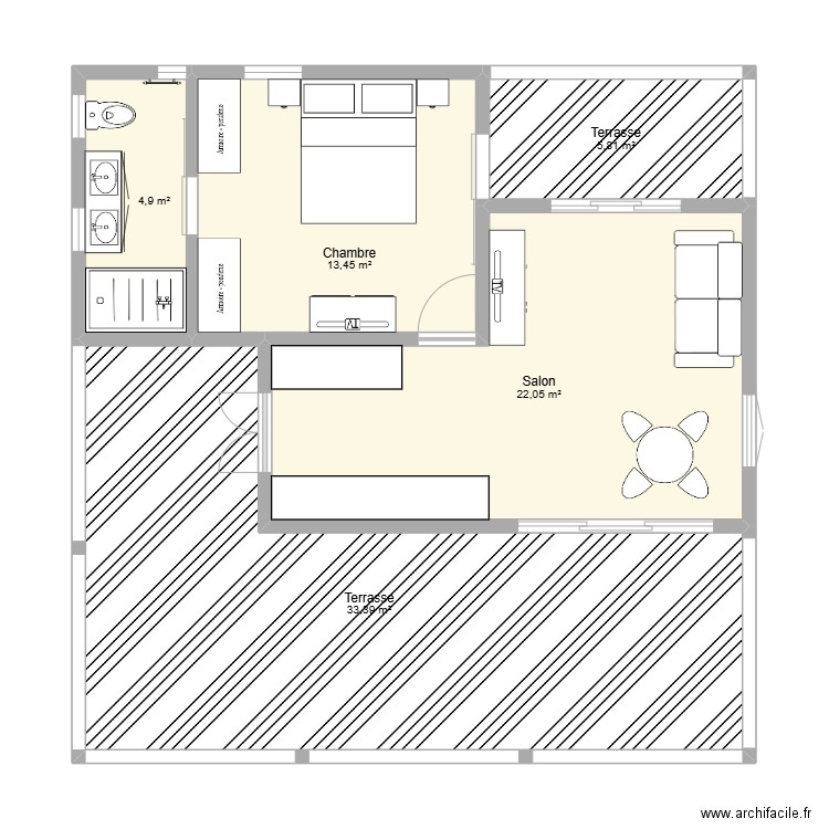 T2_40 M2 + SdB privative. Plan de 5 pièces et 80 m2