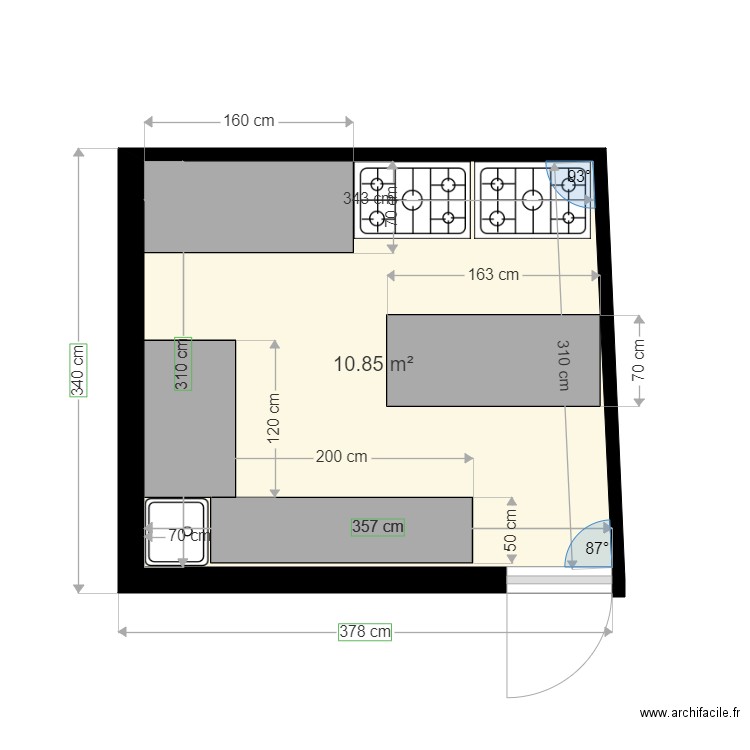 plan cuisine. Plan de 1 pièce et 11 m2