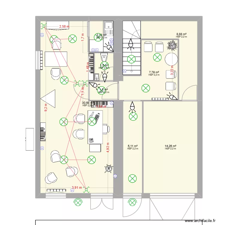 cab. Plan de 8 pièces et 72 m²