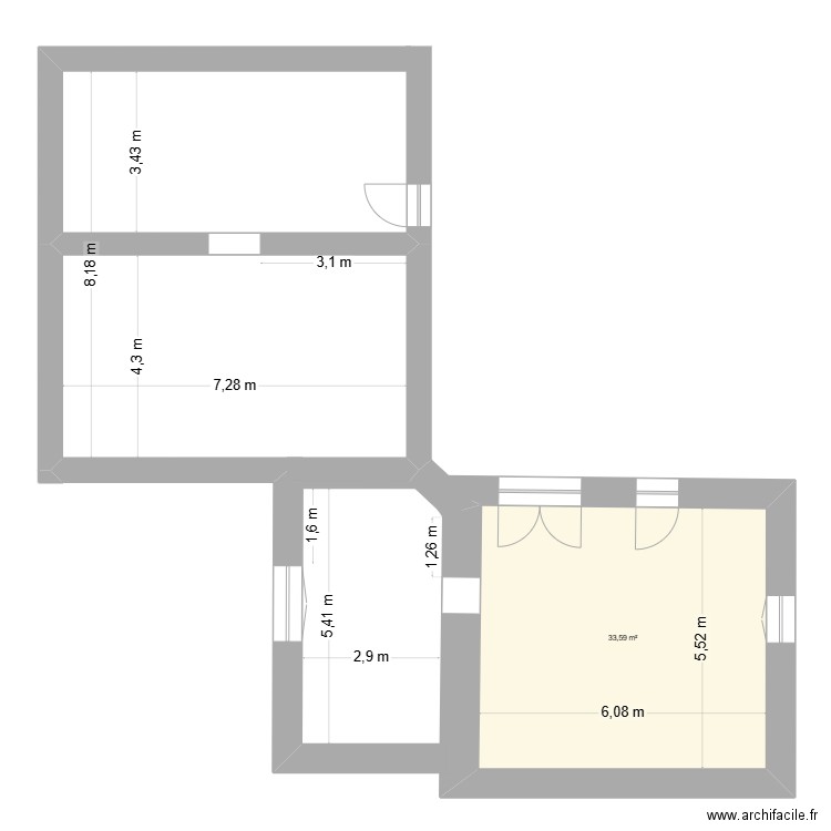 maison fond brut. Plan de 1 pièce et 34 m2