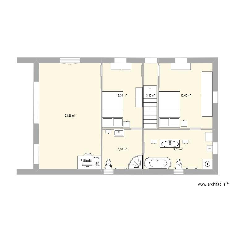 Nouvel étage avec aménagements_et nouvelle longuer. Plan de 6 pièces et 64 m2