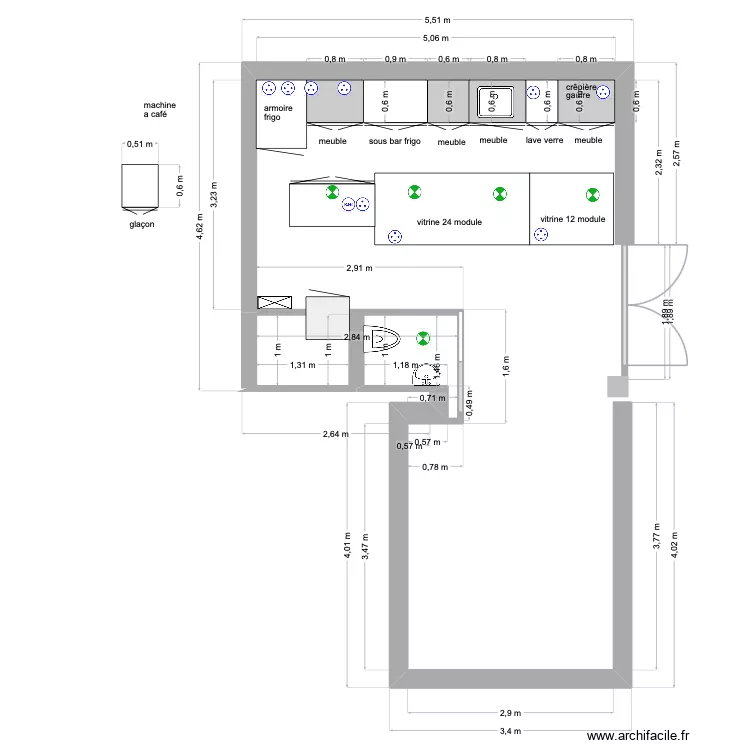 la pipe ELEC. Plan de 1  et 3 m²