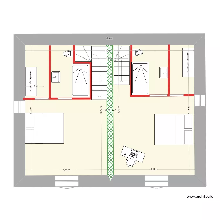 Plan &eacute;tage avec deux escaliers 3 et sdb rdc dans grange+dressing. Plan de 1 pièce et 56 m²