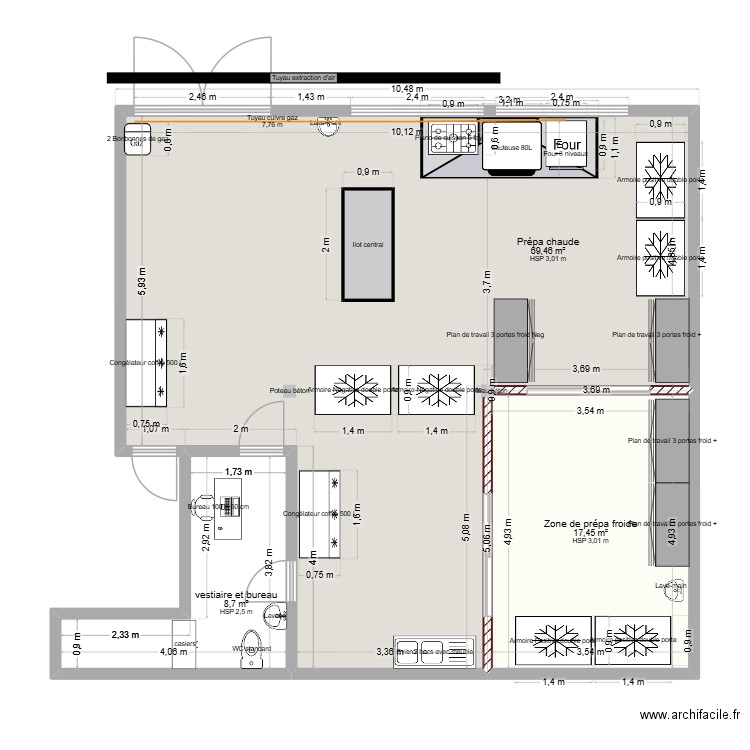 Cuisine DEB'HO TRAITEUR. Plan de 3 pièces et 96 m2