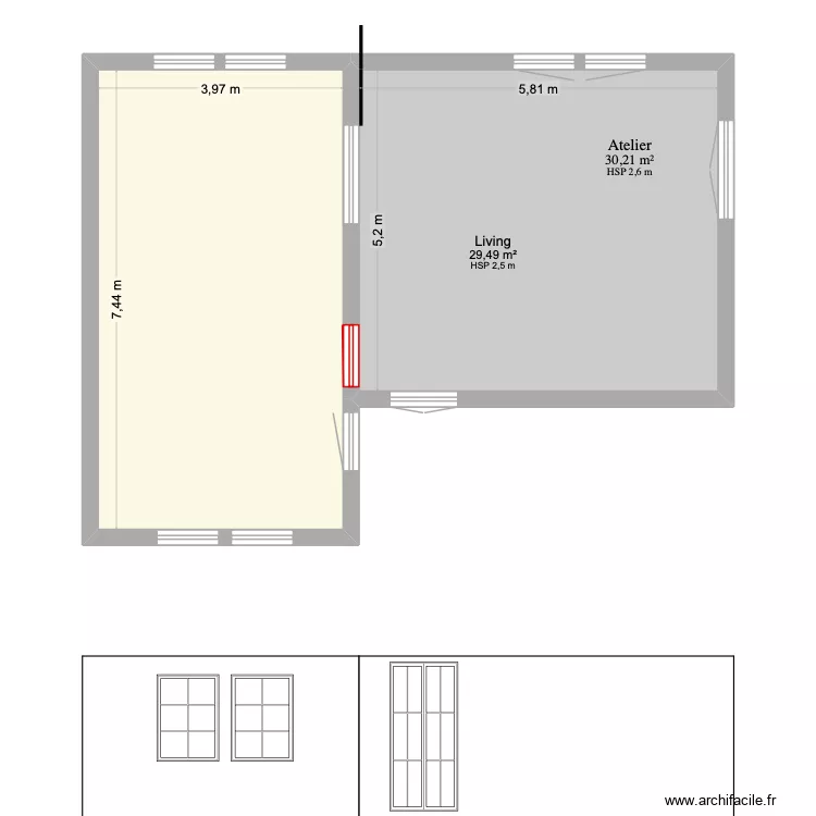 extension salon. Plan de 2  et 60 m²