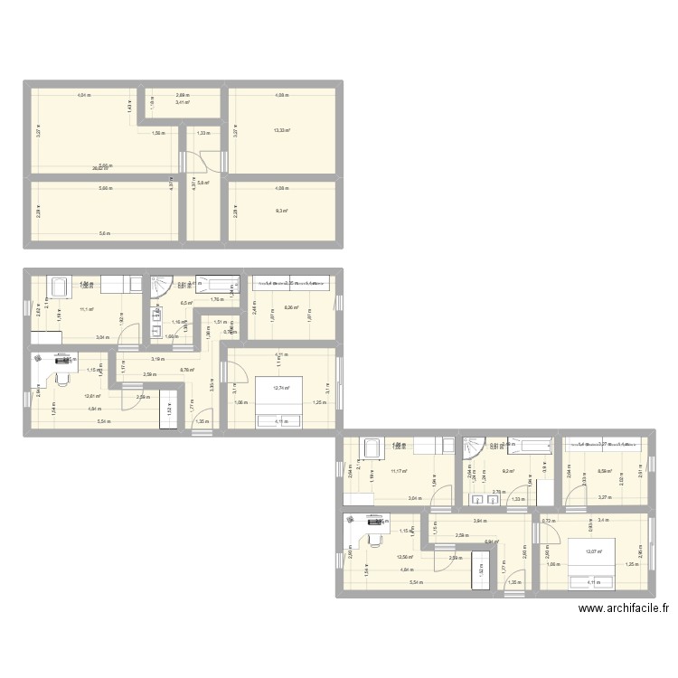 Plan maison du 8 mai - côté nuit. Plan de 17 pièces et 181 m2