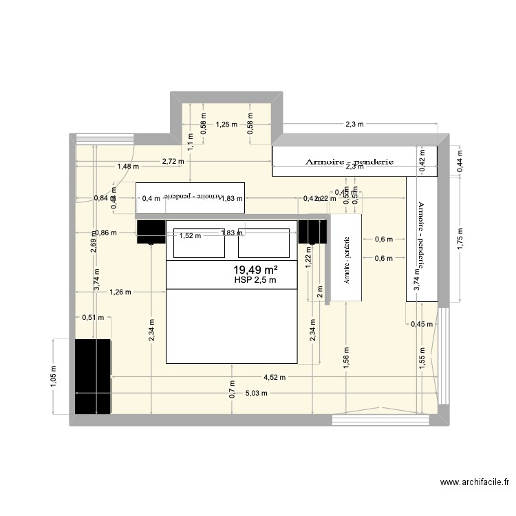 Chambre. Plan de 1 pièce et 19 m2