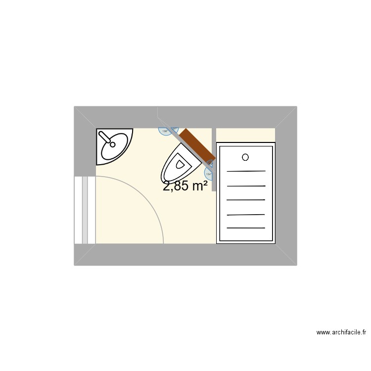 sdb rdc 45deg. Plan de 1 pièce et 3 m2