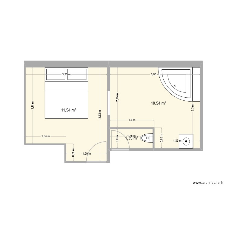 salle de bain final. Plan de 3 pièces et 23 m2