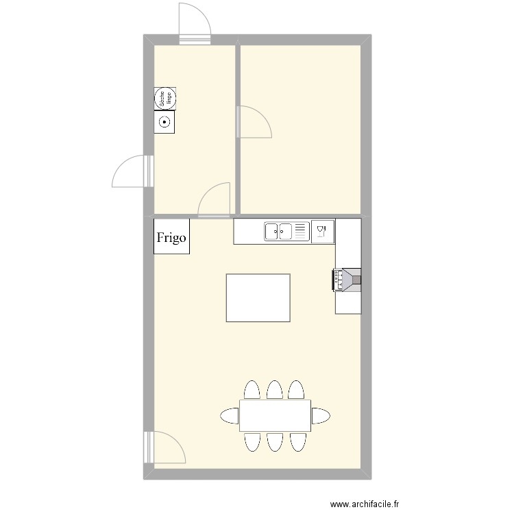 Cuisine. Plan de 3 pièces et 55 m2