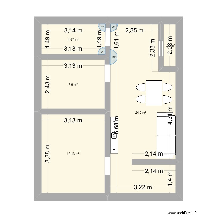 Dammarie. Plan de 5 pièces et 50 m2