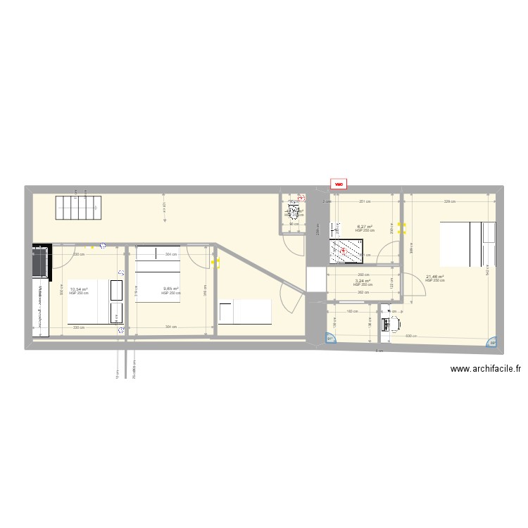 grenier PONT BIHAN V3 couloir élargi. Plan de 6 pièces et 52 m2