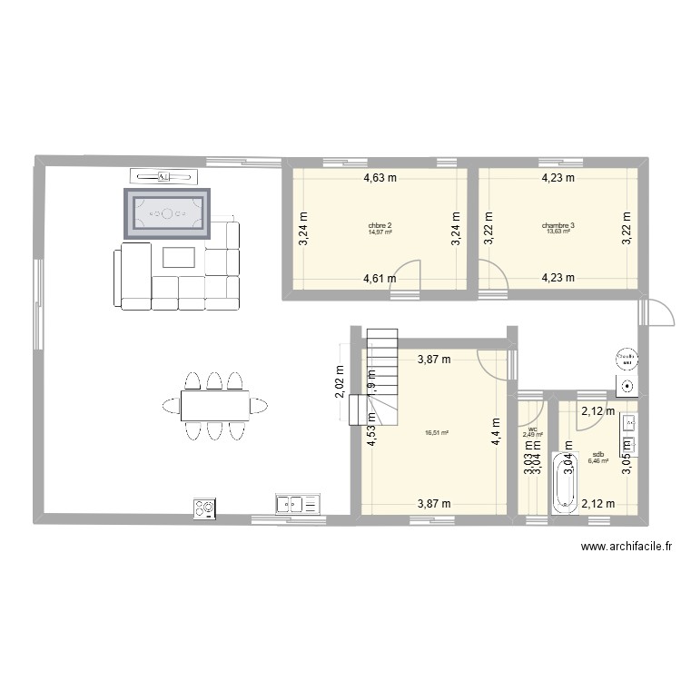 croquis étage 1 maison. Plan de 5 pièces et 54 m2