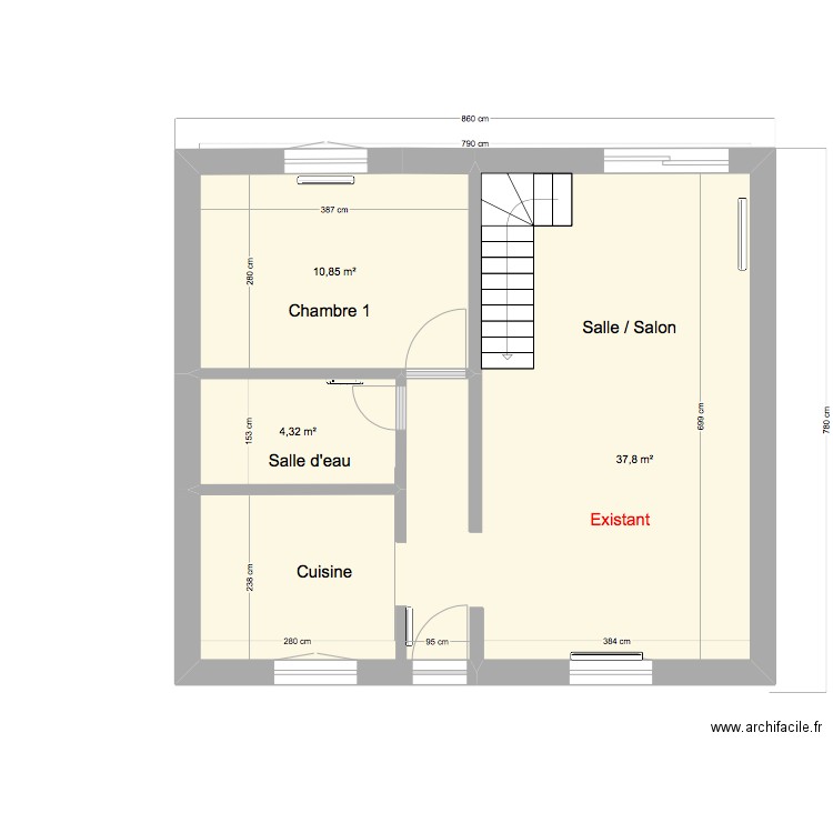 Rt Kerné rdc existant. Plan de 3 pièces et 53 m2