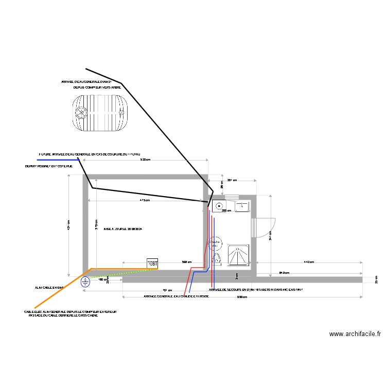 extension avec salle d'eau. Plan de 2 pièces et 24 m2