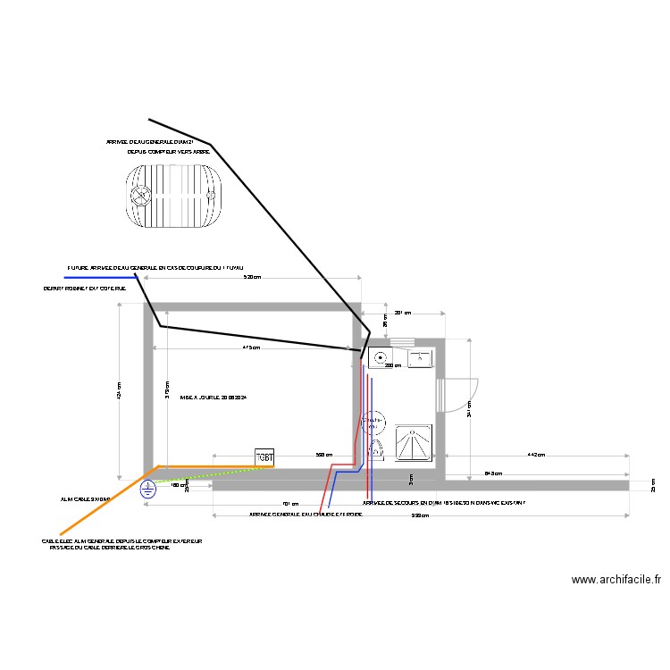 extension avec salle d'eau . Plan de 3 pièces et 22 m2