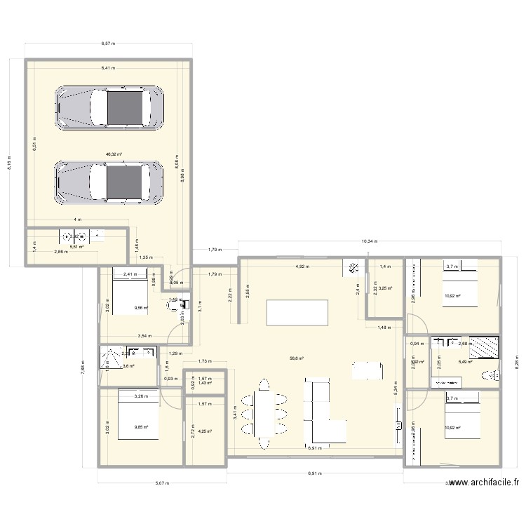 maison T. Plan de 13 pièces et 170 m2