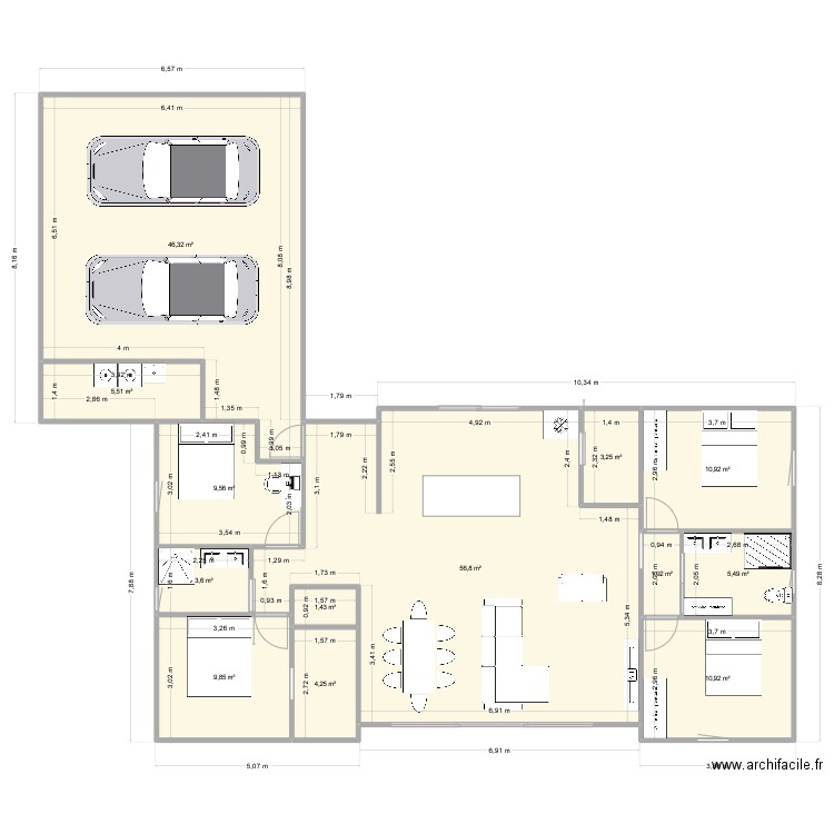 maison T. Plan de 14 pièces et 188 m2