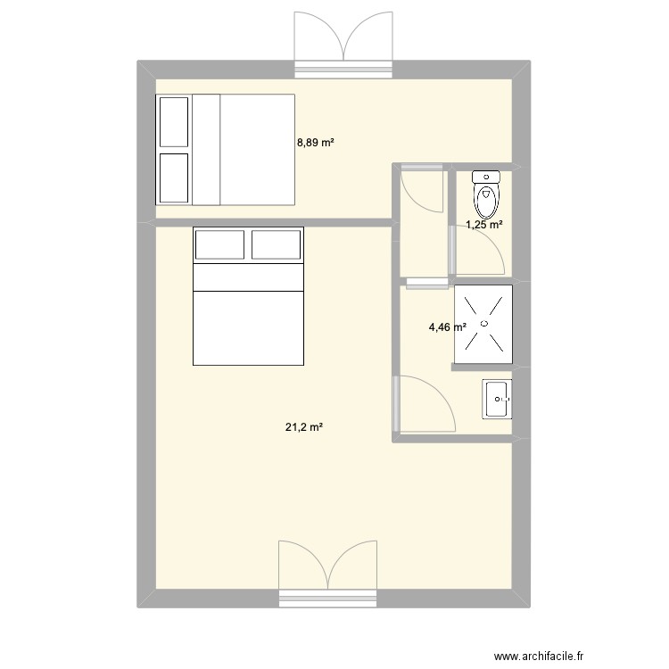 lit et mixe grange. Plan de 4 pièces et 36 m2