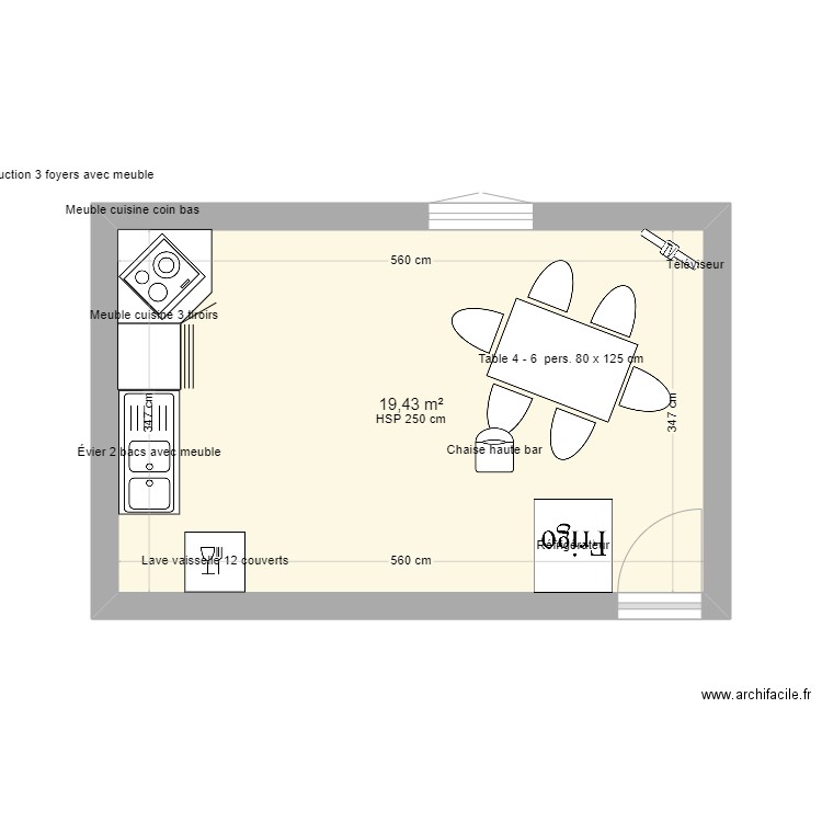 MOLINIER. Plan de 1 pièce et 19 m2