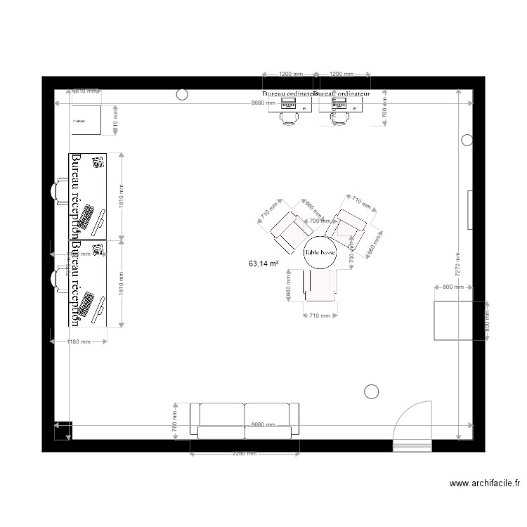 Réception. Plan de 1 pièce et 63 m2