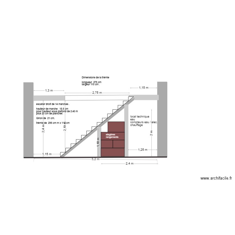 profil escalier extension rez de chaussee vers 1 er etage. Plan de 0 pièce et 0 m2