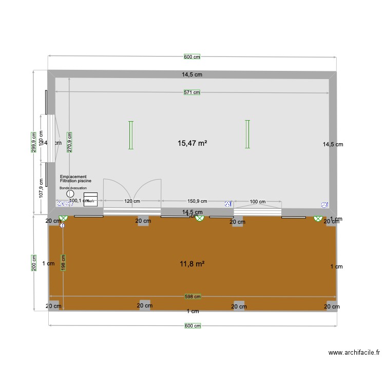 Abris Quevauvillier. Plan de 2 pièces et 27 m2