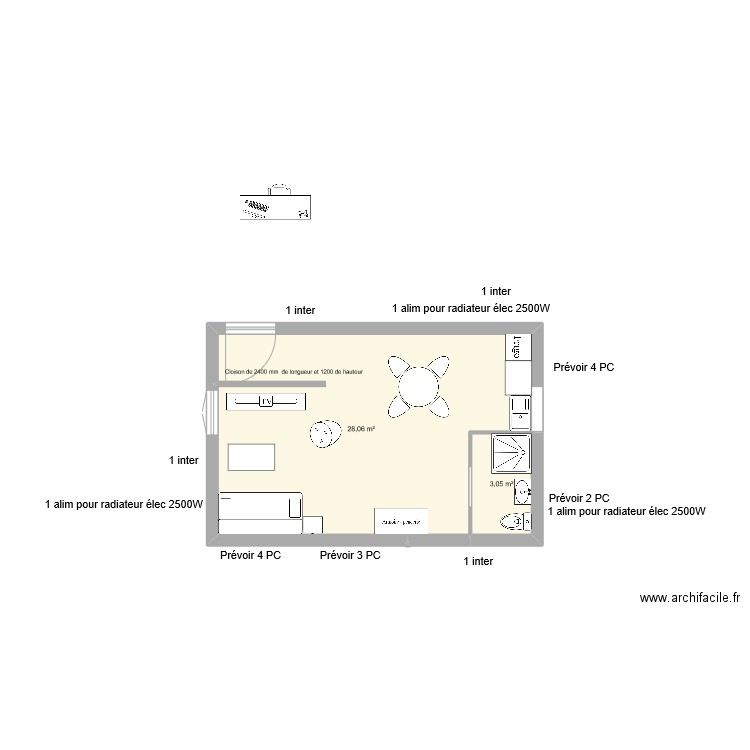 Aménagement chambre. Plan de 2 pièces et 31 m2