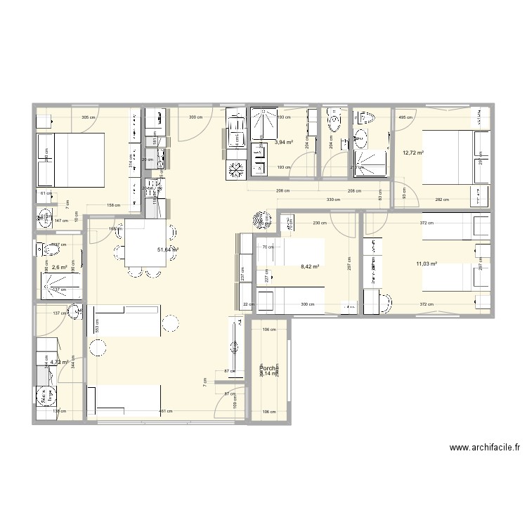 Biarritz version 1Bis changement murs. Plan de 8 pièces et 98 m2