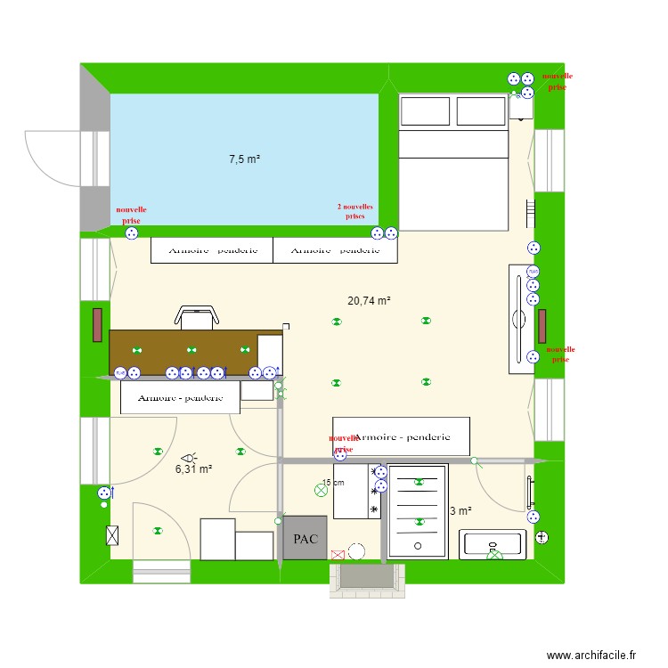 Pièce vide avec isolation et cloisons intérieures, électricité et meubles. Plan de 5 pièces et 40 m2