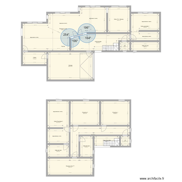 rdc + étage. Plan de 17 pièces et 264 m2